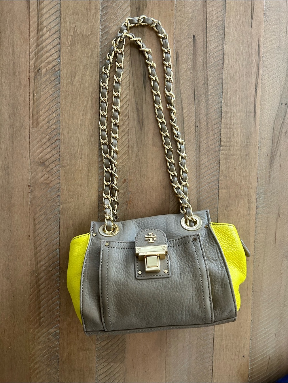 Tory Burch Two-Tone Leather Shoulder Bag in Taupe & Yellow